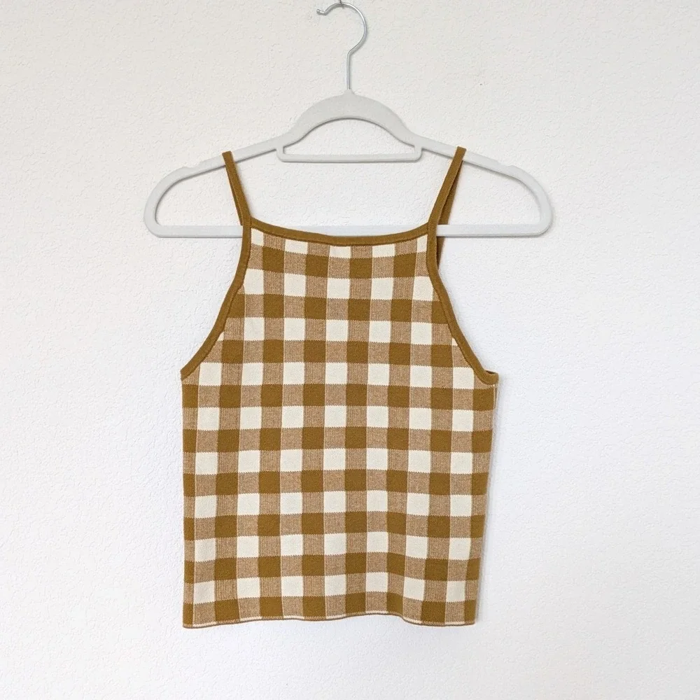 Madewell Gingham Sweater Tank Top Women S Yellow Retro Knit Halter Camisole - Picture 3 of 6